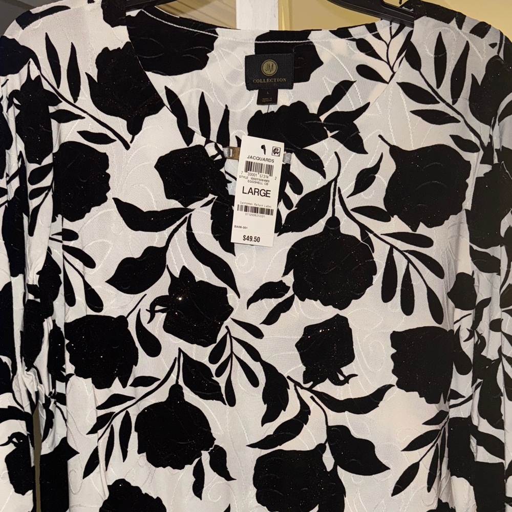 JM Collection Black and White Leaf Blouse